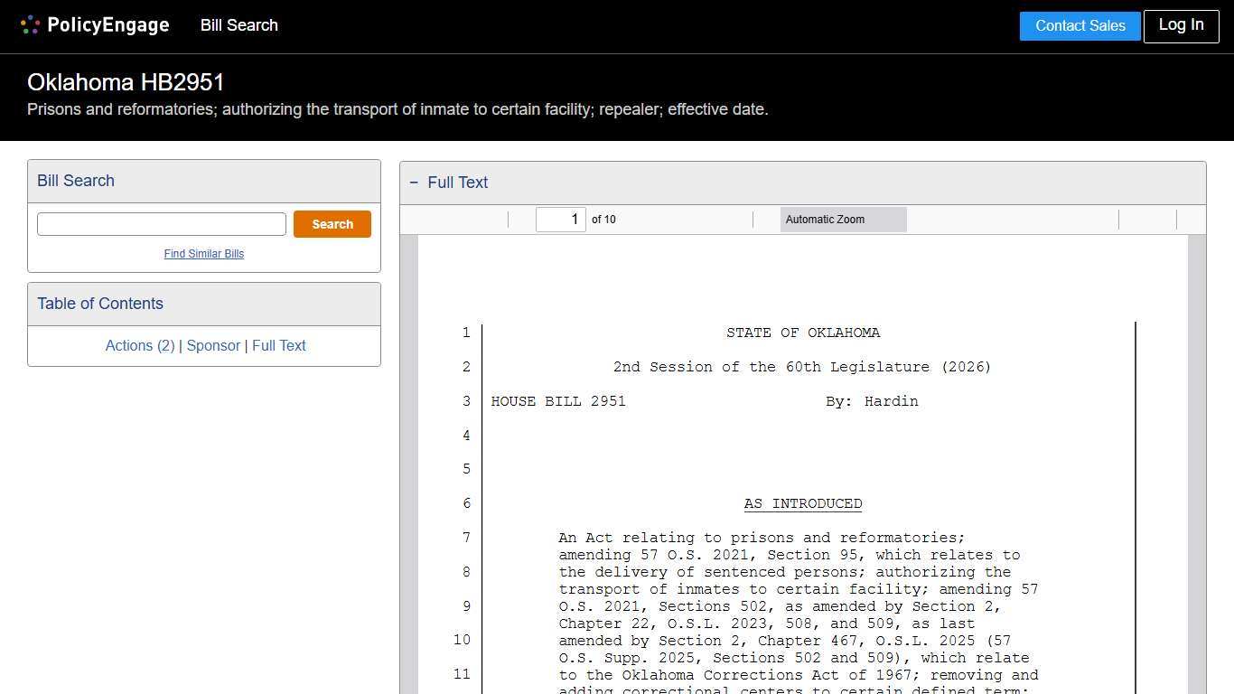 HB2951 Oklahoma 2026 Prisons and reformatories; authorizing the transport of inmate to certain facility; repealer; effective date. - Legislative Tracking PolicyEngage